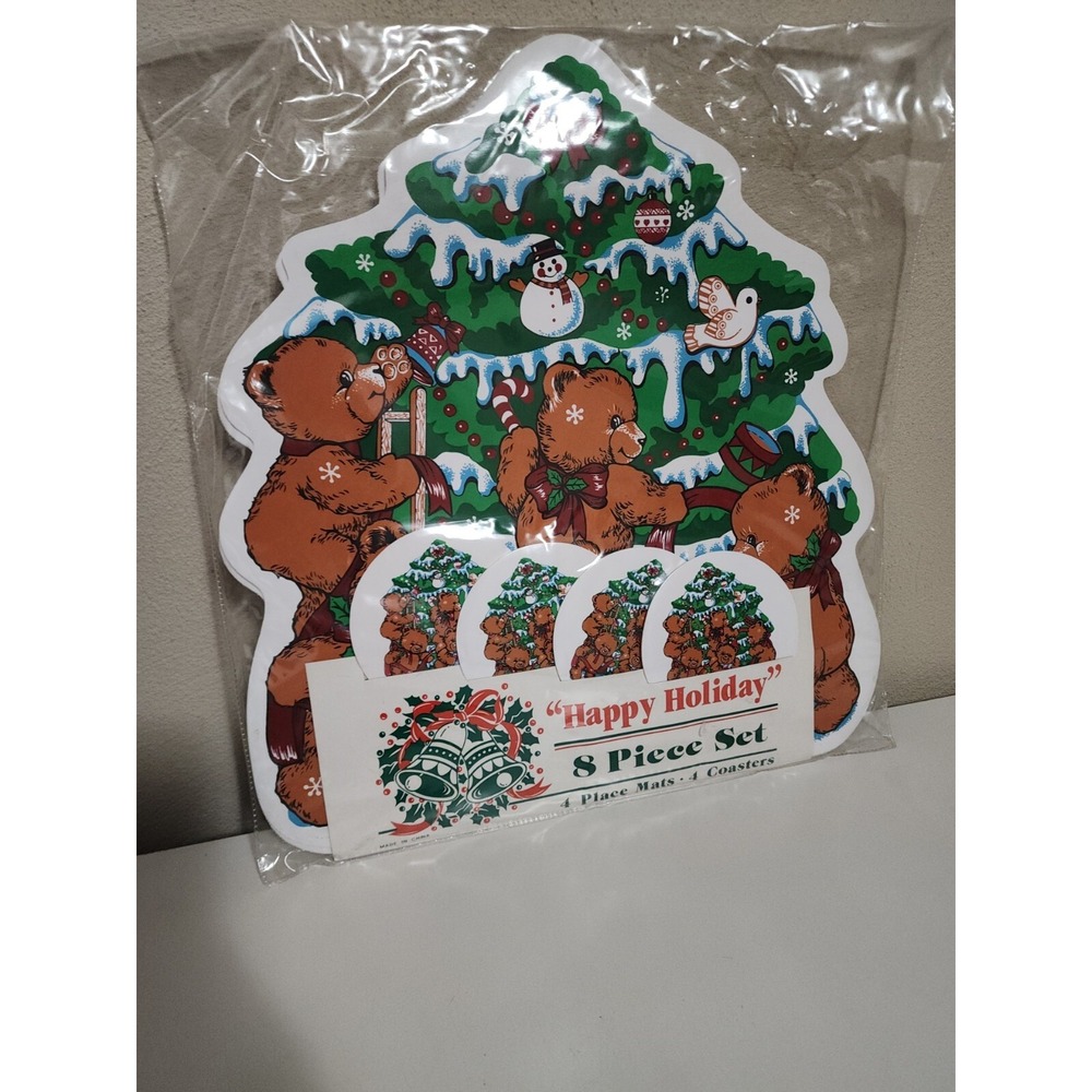 Vintage Vinyl Placemats Happy Holidays Christmas Bears Set Coaster Maytex Mills